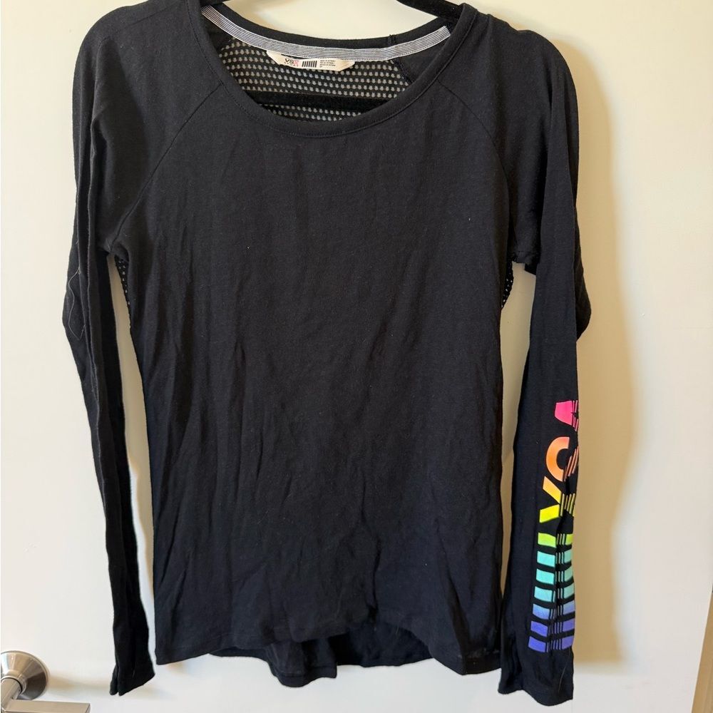 VSX Y2K Black Long Sleeve Top with Mesh Back Accent and Rainbow Logo Sleeve